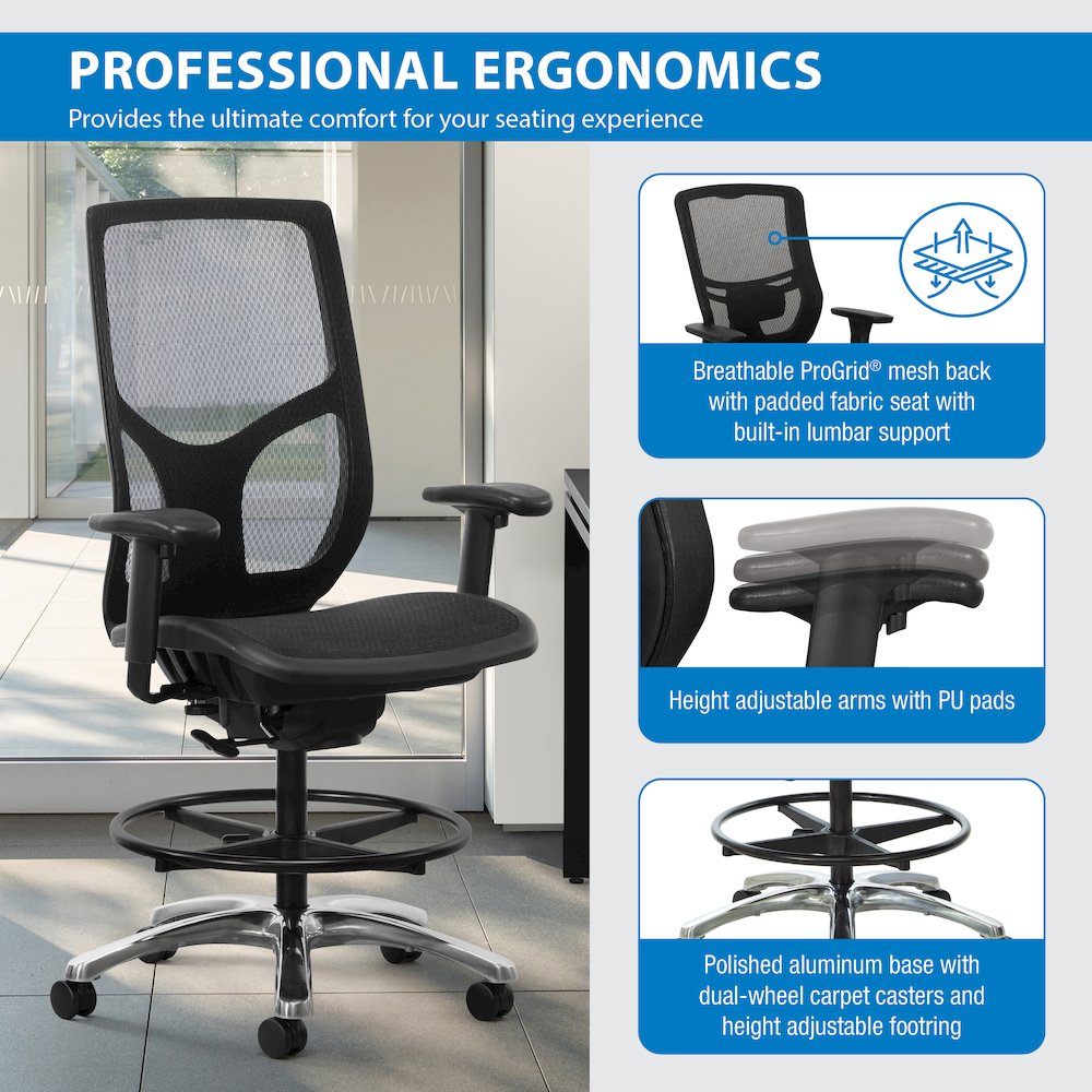 ProGrid Mesh Back Drafting Chair with Black Mesh Seat, PU Padded
