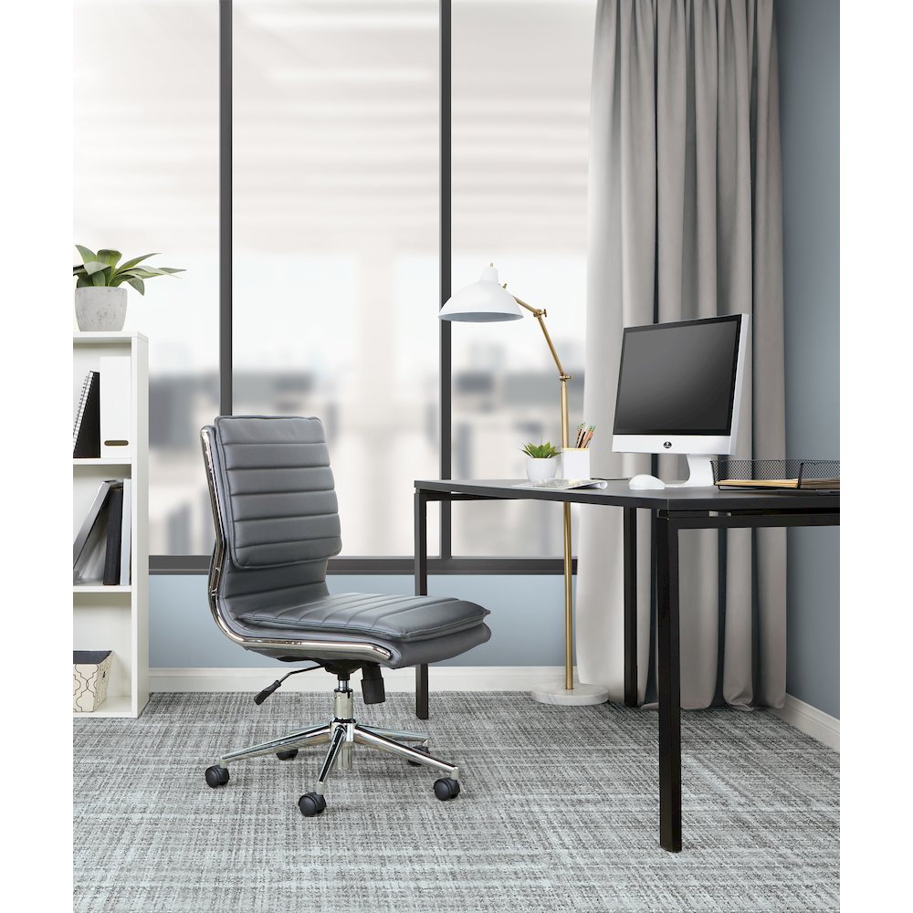 Armless Mid Back Manager's Faux Leather Chair in Charcoal with Chrome Base.