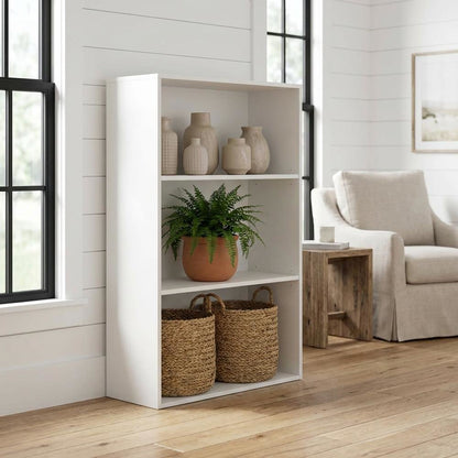 White 3-Shelf Bookcase with Laminate and Metal Construction for Home Storage