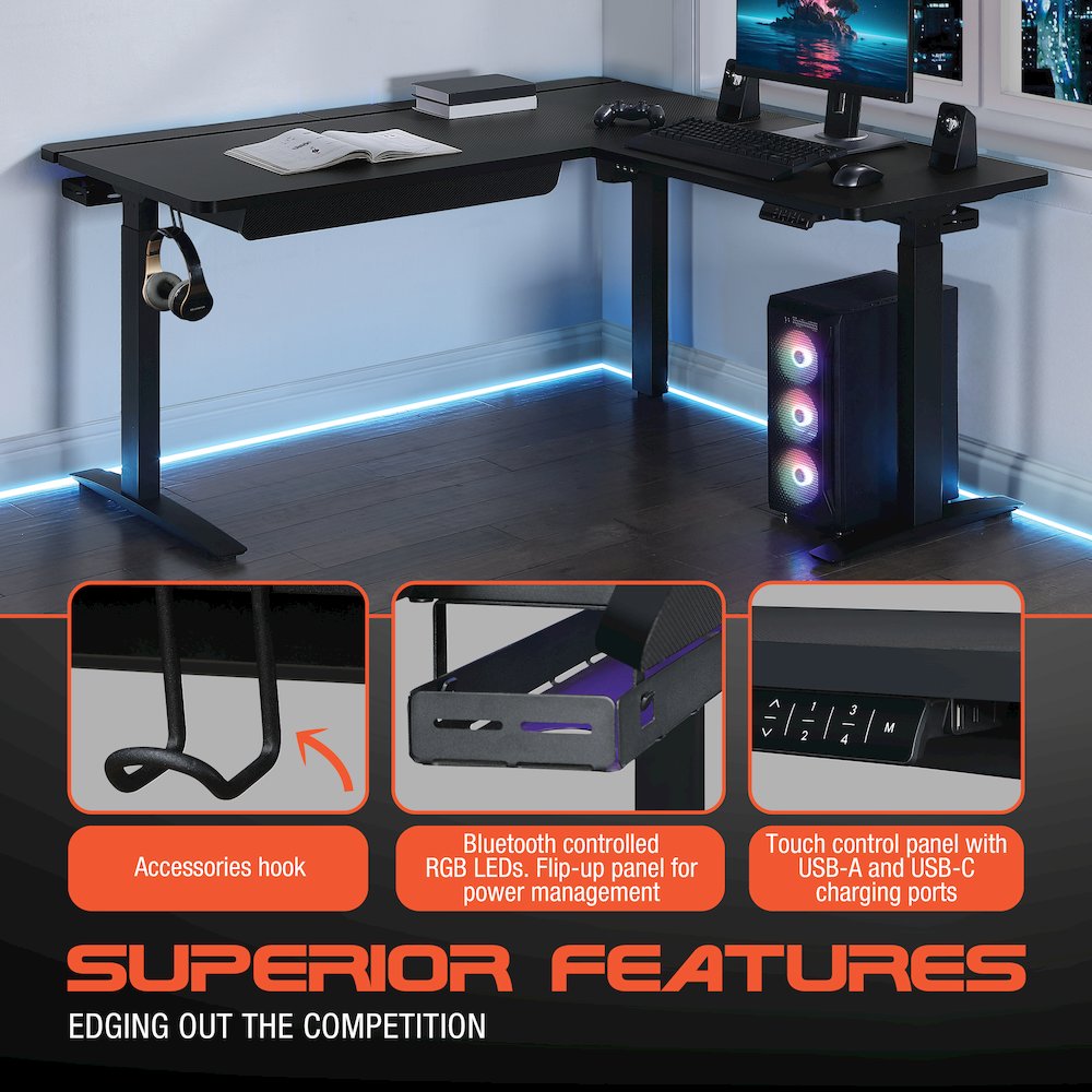 Kilo L-Shape Electric Lift Gaming Desk in Grey Carbon Fiber Finish