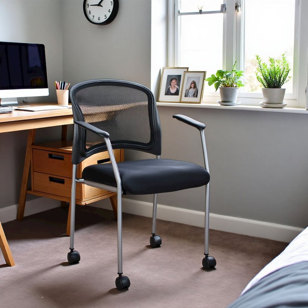 Black Reception Chair With Wheels – High-Back Guest Chair for Offices