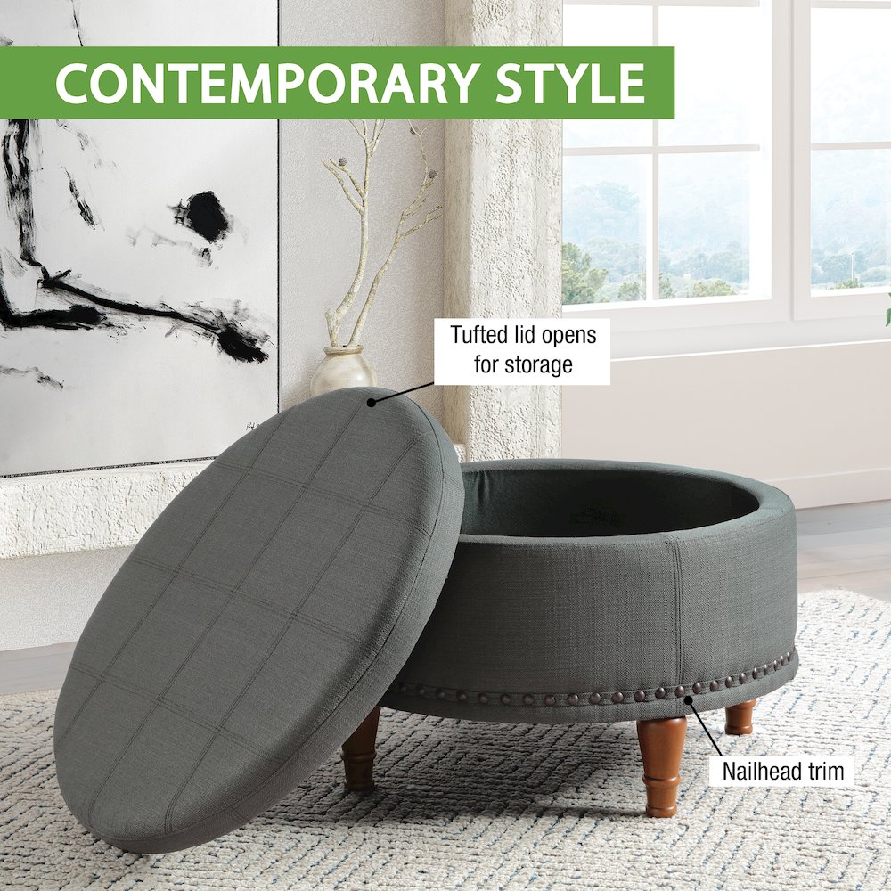 Alloway Storage Ottoman in Charcoal Fabric with Antique Bronze Nailheads