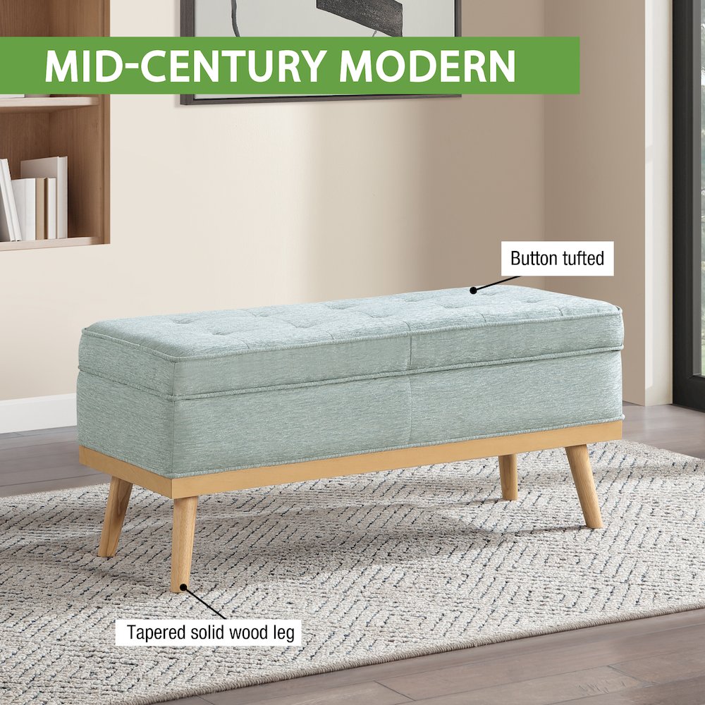 Katheryn Storage Bench in Mist Fabric with National Wood Legs