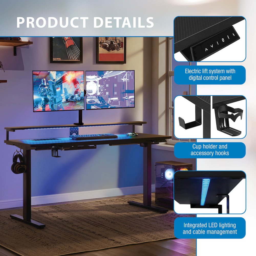 Primo 60" Electric Height Adjustable Gaming Desk with Hutch