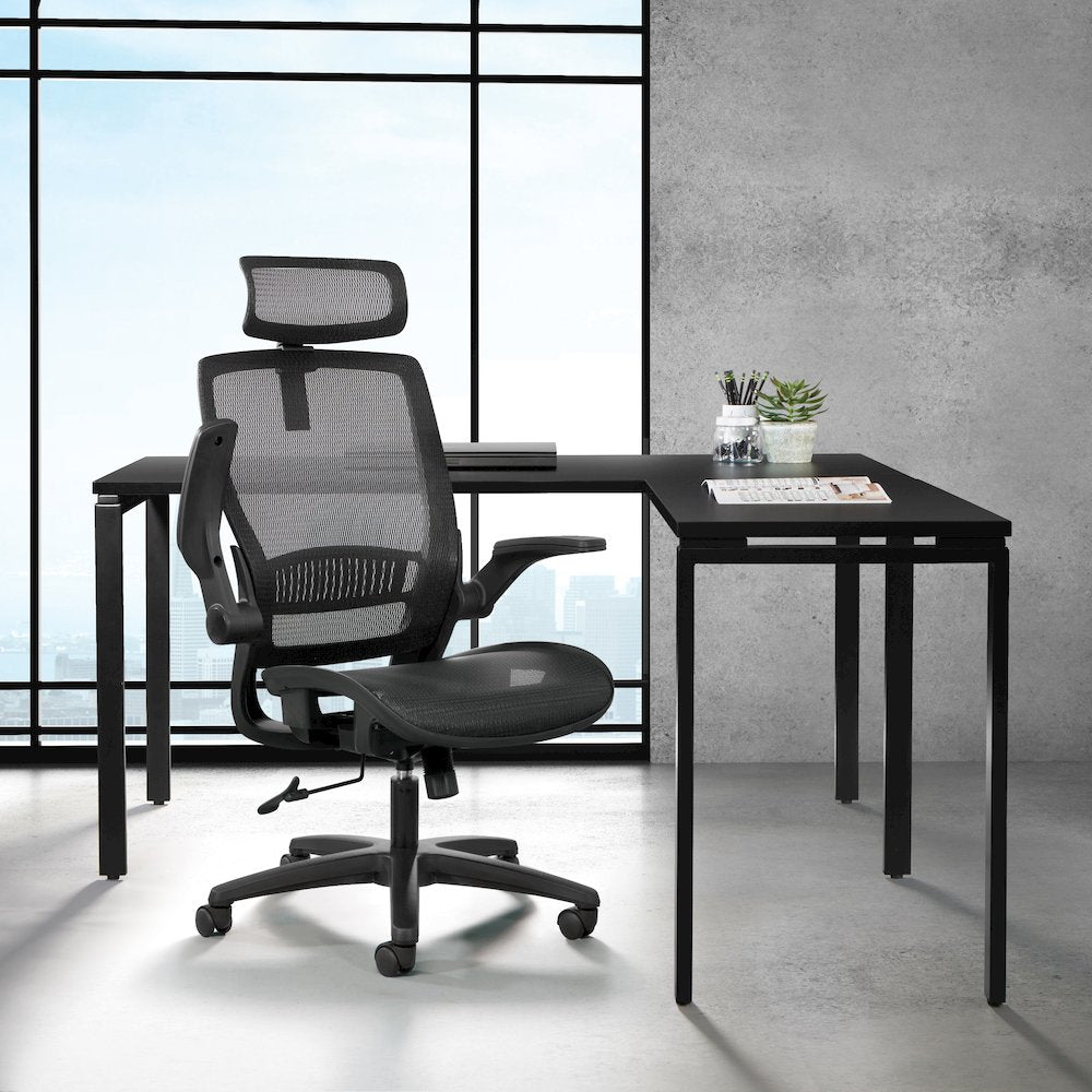 Managers Chair With Mesh Back And Seat And Adjustable Flip Arms And Headrest