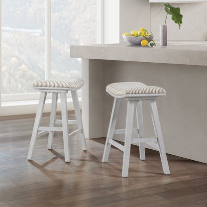 24" Saddle Stool 2-Pack With Cream Pin Stripe Fabric Seat And White Wash Frame