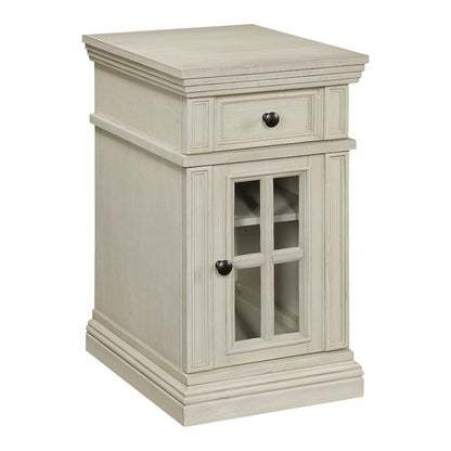 Chair Side Table with 1 Drawer and 1 Glass Door with Power Strip in White Finish