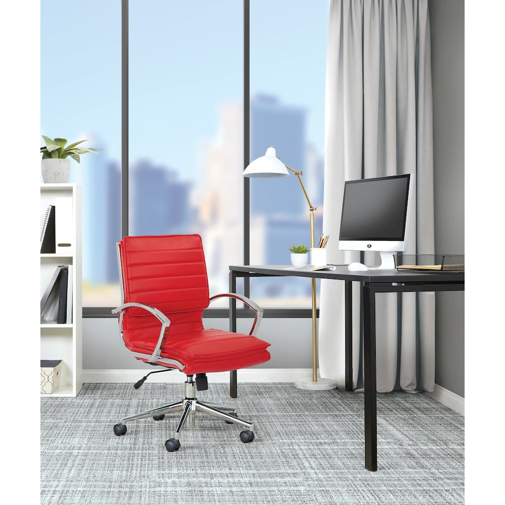 Mid-Back Manager’s Faux Leather Chair with Chrome Base, Removable Arm Sleeves.