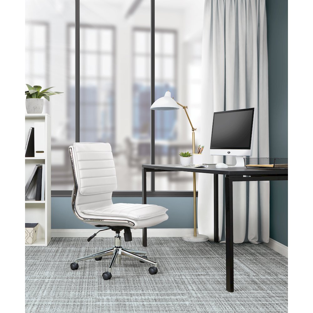 Armless Mid Back Manager's Faux Leather Chair in White with Chrome Base.