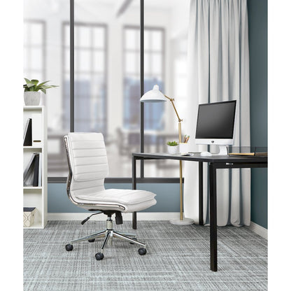 Armless Mid Back Manager's Faux Leather Chair in White with Chrome Base.
