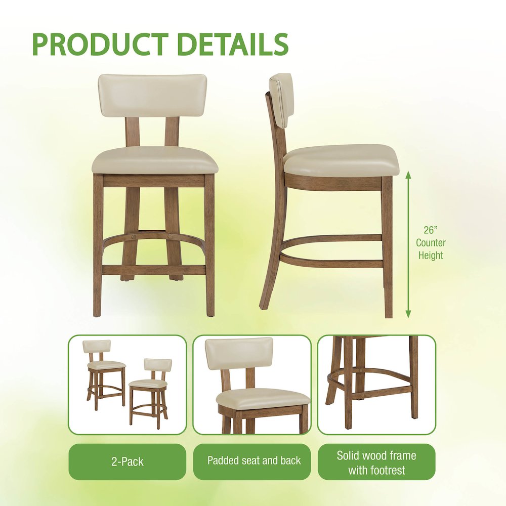 Hanson 26" Counter Stool with Taupe Faux Leather and Medium Oak Wood, 2-Pack