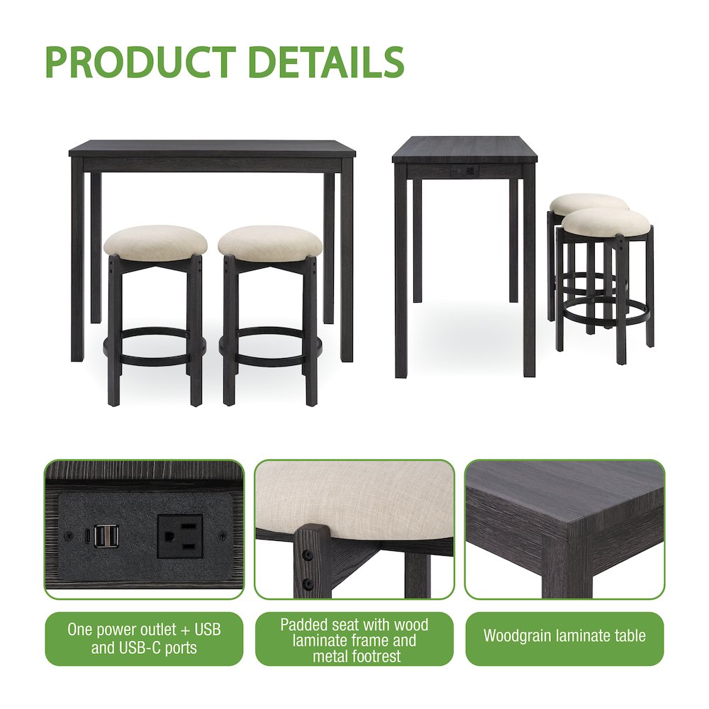 Melissa 3-PC  Counter Height Table Dining Set with Power, 2 Stools