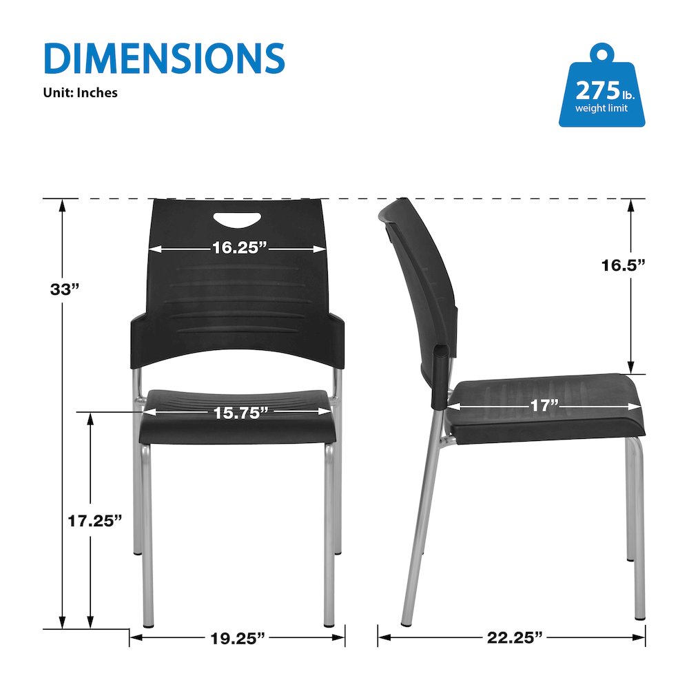 Straight Leg Stacking Chair With Black Plastic Seat & Back, 2-Pack