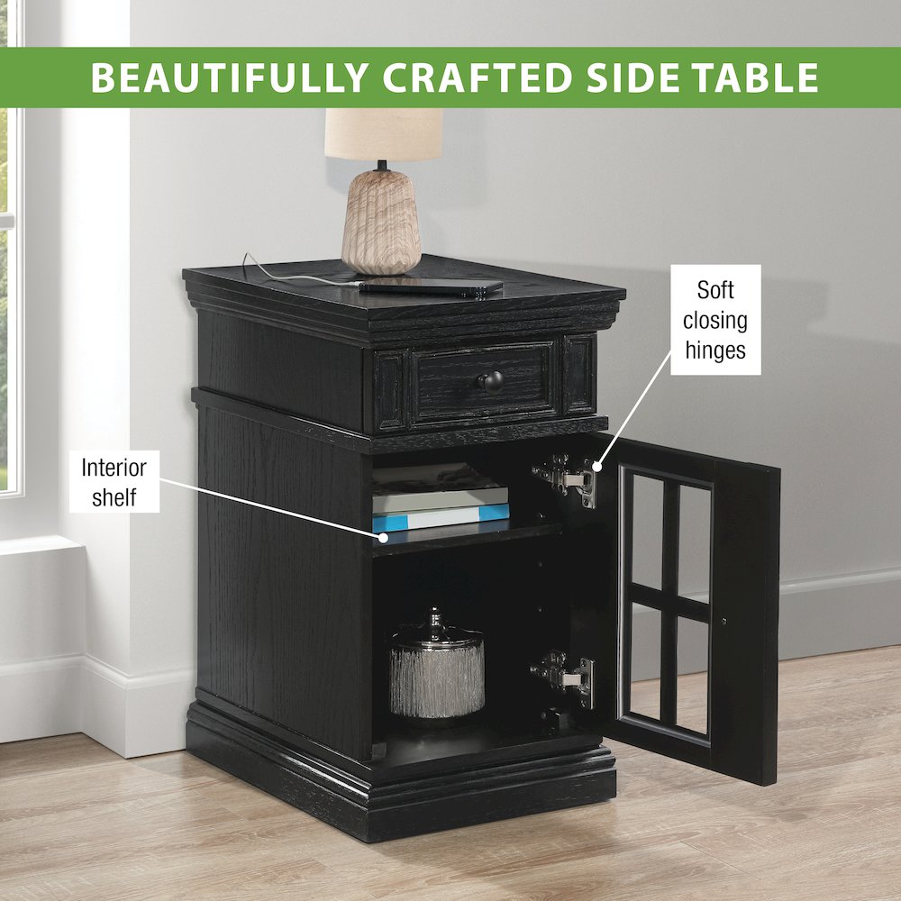 Chair Side Table with 1 Drawer and 1 Glass Door with Power Strip in Black Finish