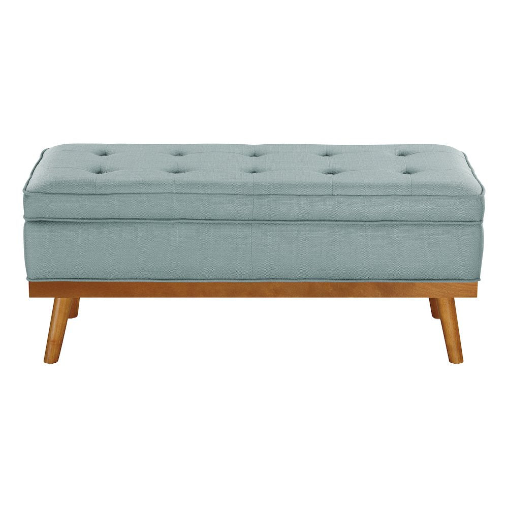 Katheryn Storage Bench in Sea Blue Fabric with Spice Finish Legs