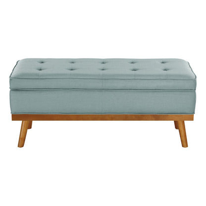 Katheryn Storage Bench in Sea Blue Fabric with Spice Finish Legs