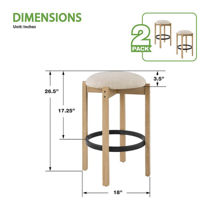 Melissa 26" Counter Stools 2-Pack With Cream Fabric Seat and Natural Finish Wood