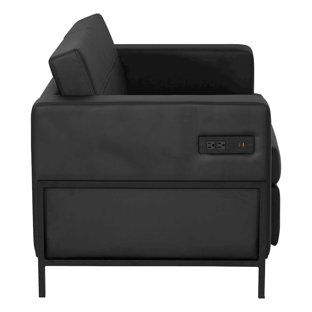 Arctic Loveseat in Black Faux Leather with USB and USB-C Charging Stations
