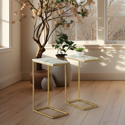 Solid White Marble Top C-Table with Gold Tone Metal Base 2-Pack