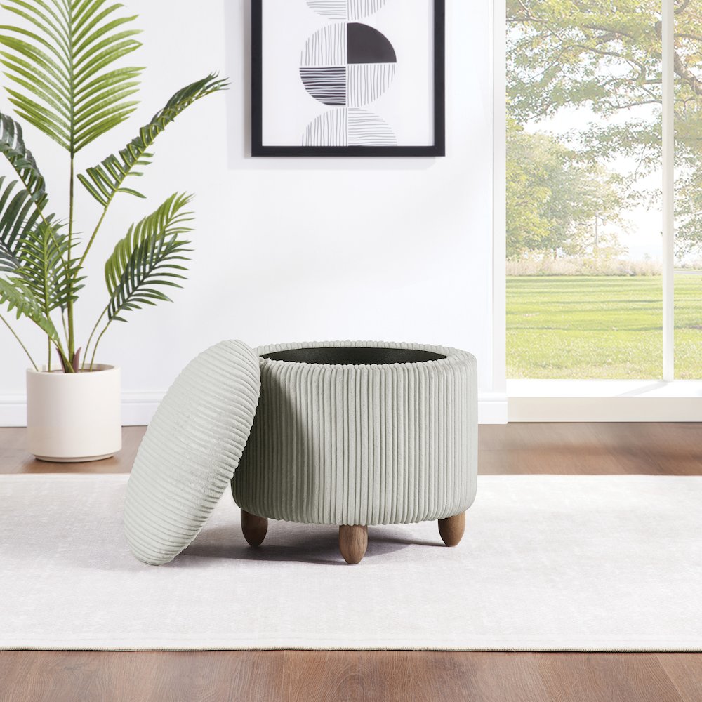 Lyra Storage Ottoman in Taupe Cord Fabric with Medium Oak Legs
