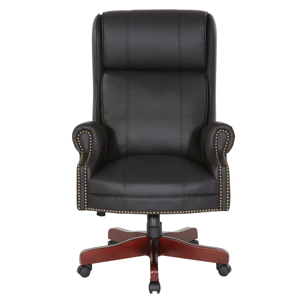 Traditional Executive High Back Chair with Black Vinyl and Brass Finish Nail Trim Upholstery, TEX280-3