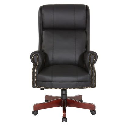 Traditional Executive High Back Chair with Black Vinyl and Brass Finish Nail Trim Upholstery, TEX280-3