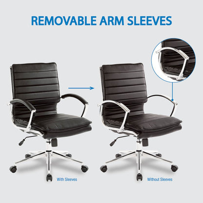 Mid-Back Manager’s Faux Leather Chair with Chrome Base, Removable Arm Sleeves.