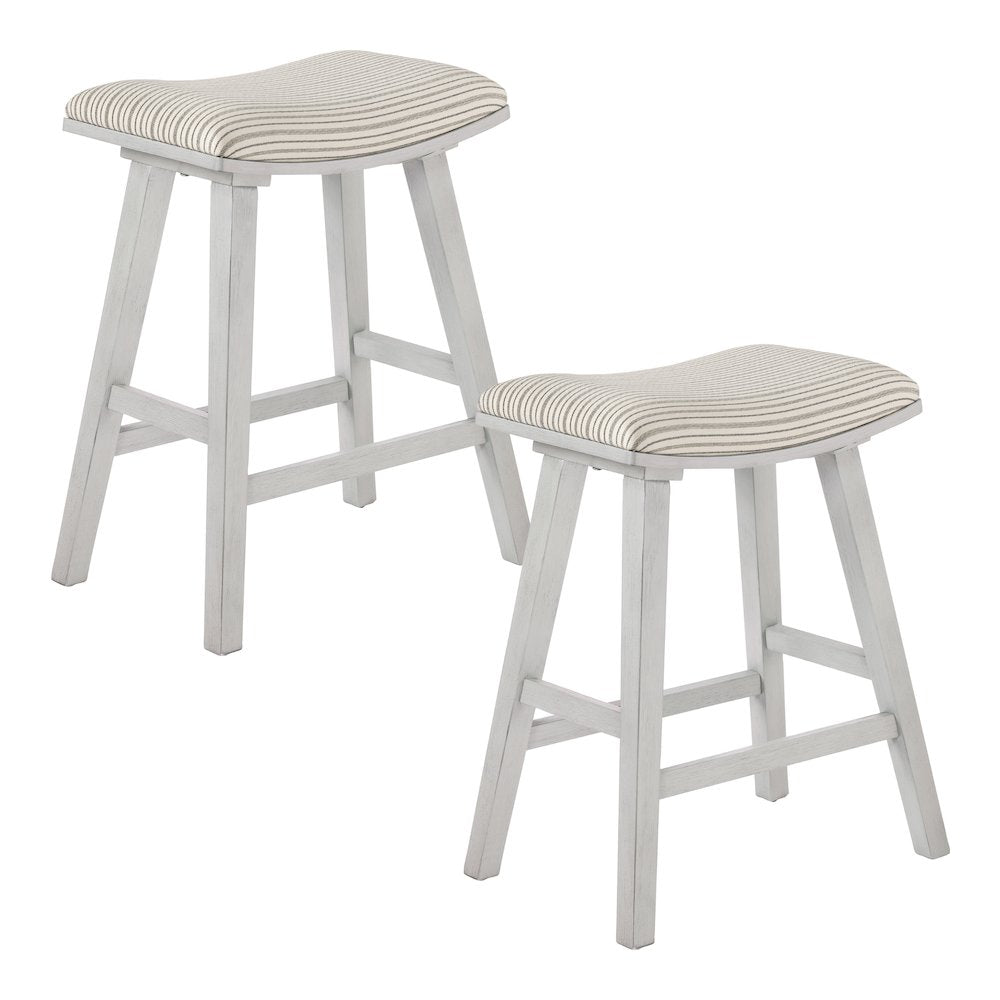 24" Saddle Stool 2-Pack With Cream Pin Stripe Fabric Seat And White Wash Frame