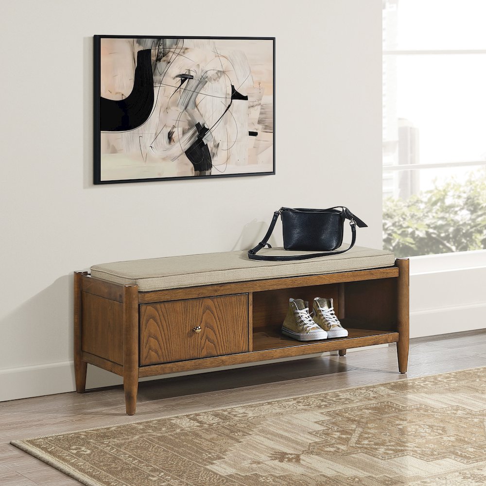 Marilyn Storage Bench with Walnut Wood finished and Brown Fabric Padded seat
