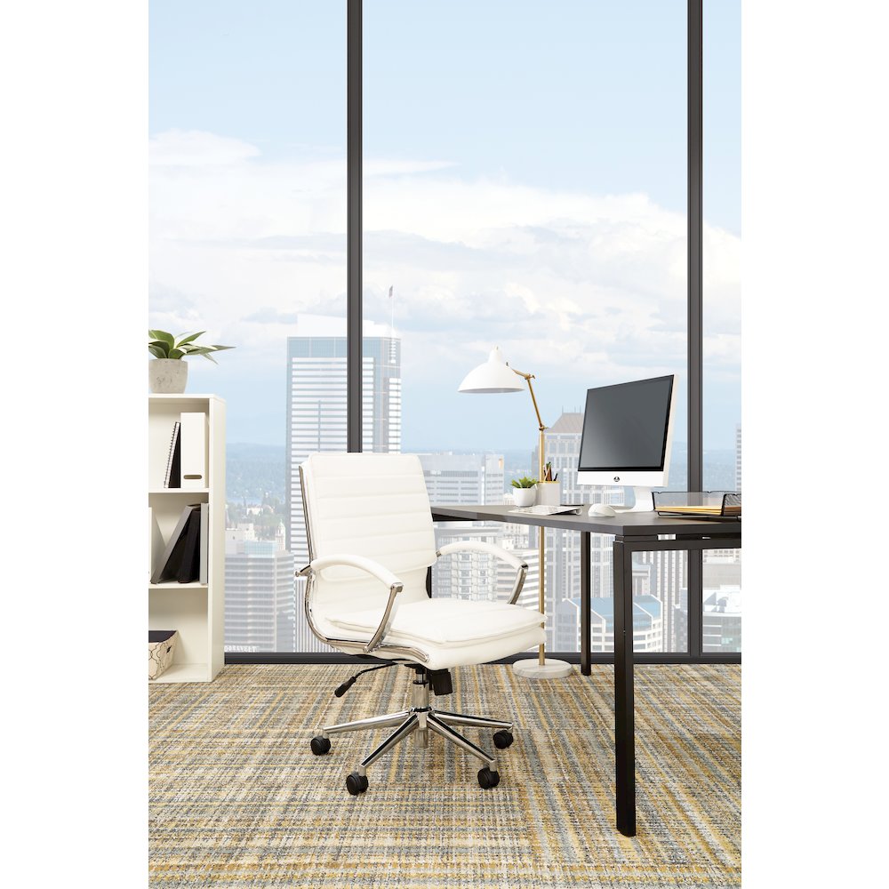 Mid-Back Manager’s Faux Leather Chair with Chrome Base, Removable Arm Sleeves.
