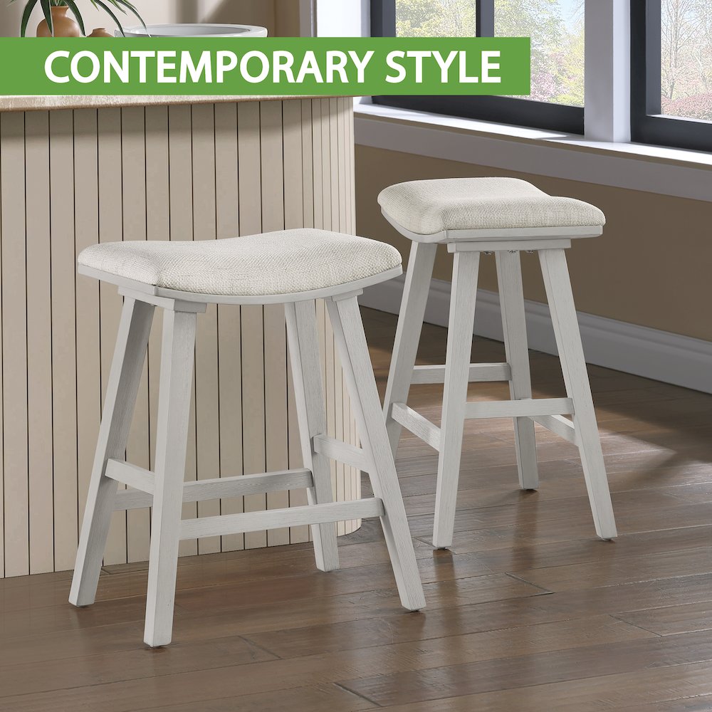 Coley 24" Saddle Stool 2-Pack With Linen Fabric Seat And White Wash Frame