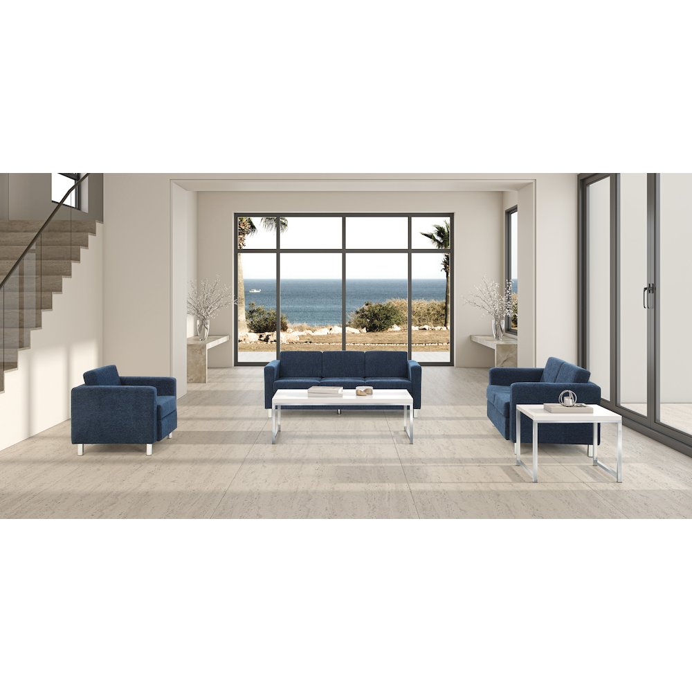 Pacific Armchair in Navy Fabric with Chrome Legs