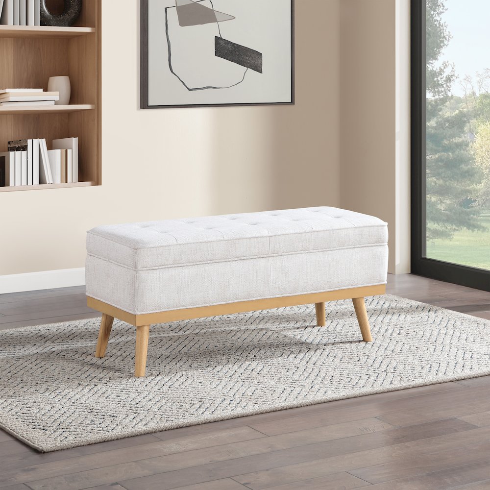Katheryn Storage Bench in Linen Fabric with National Wood Legs