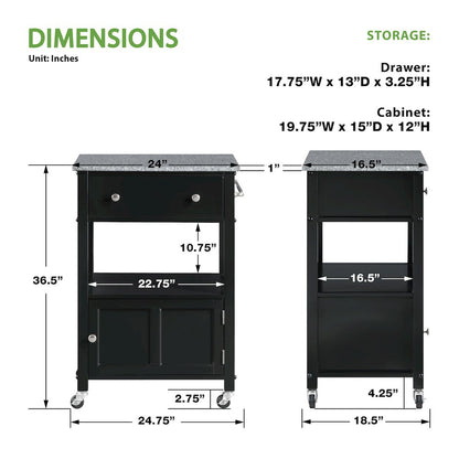 Fairfax Kitchen Cart with Granite Top and Black Base