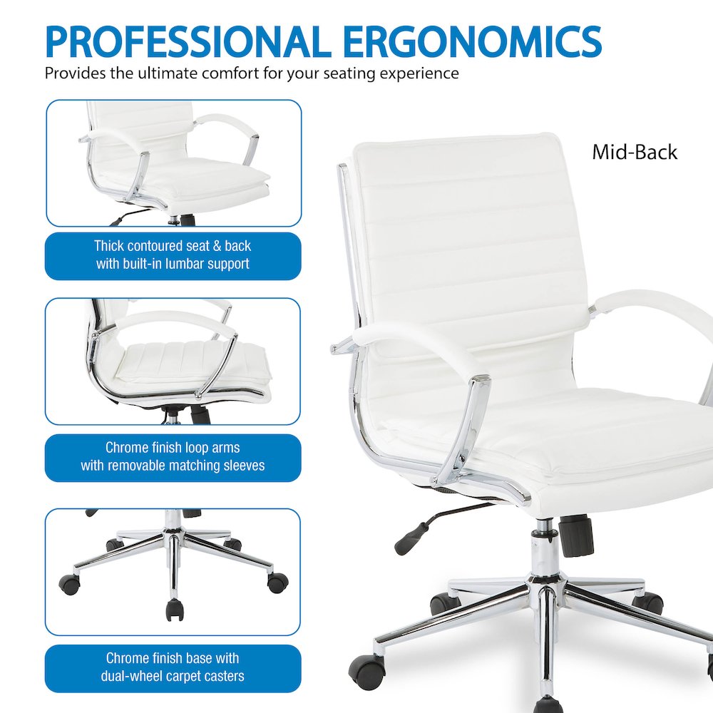 Mid-Back Manager’s Faux Leather Chair with Chrome Base, Removable Arm Sleeves.