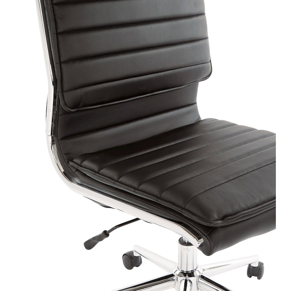 Armless Mid Back Manager's Faux Leather Chair in Black with Chrome Base.