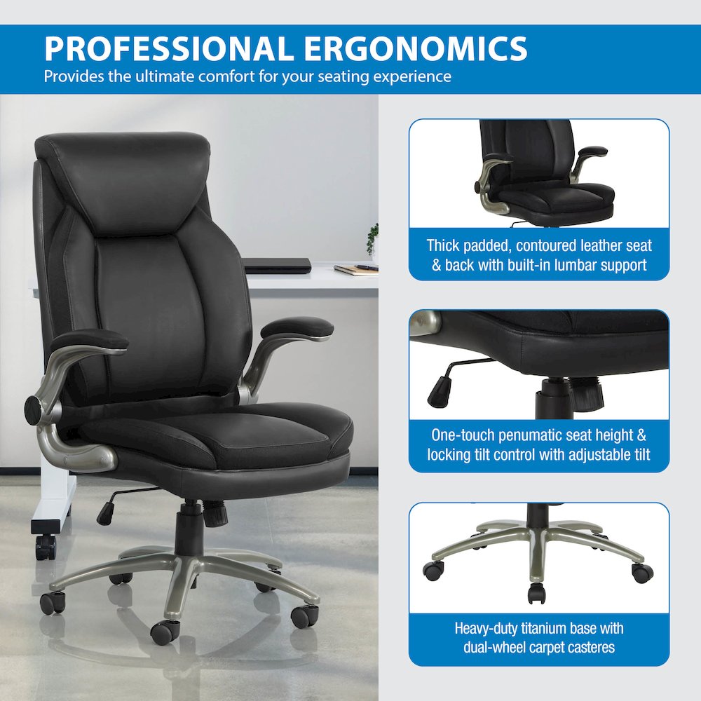 Black Leather Big & Tall Chair with Padded Flip Arms and Titanium Base