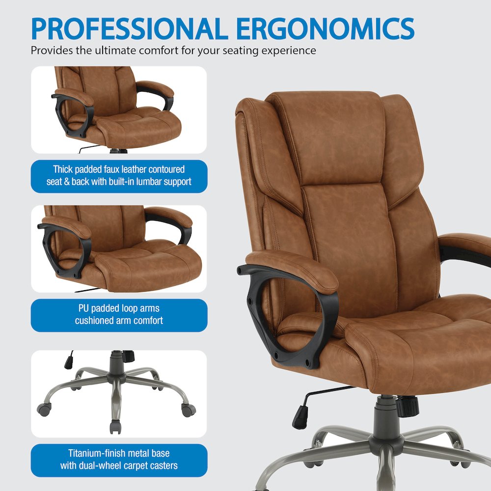 Mid-Back in Saddle Faux Leather Executive Chair with Padded Arms