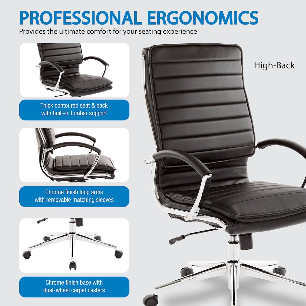 High Back Manager's Faux Leather Chair with Chrome Base, Removable Arm Sleeves