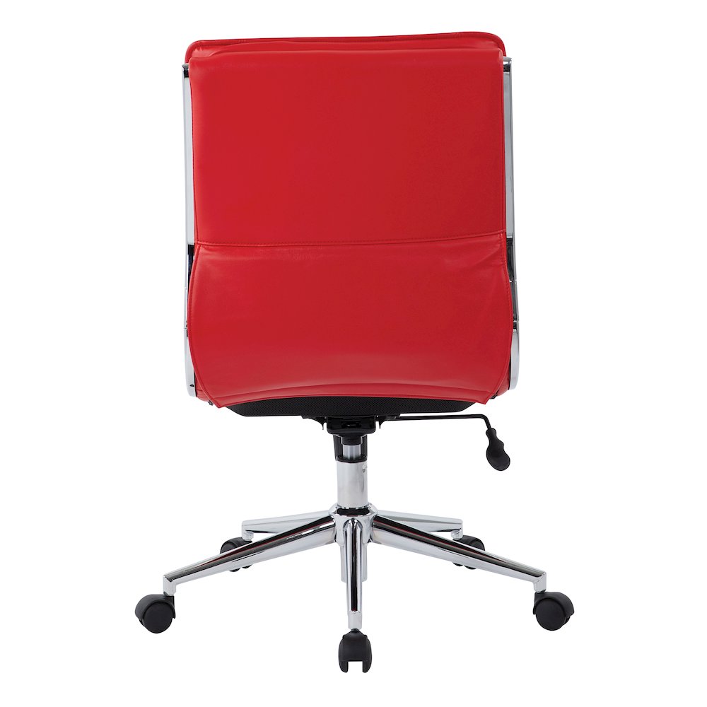 Armless Mid Back Manager's Faux Leather Chair in Red with Chrome Base.