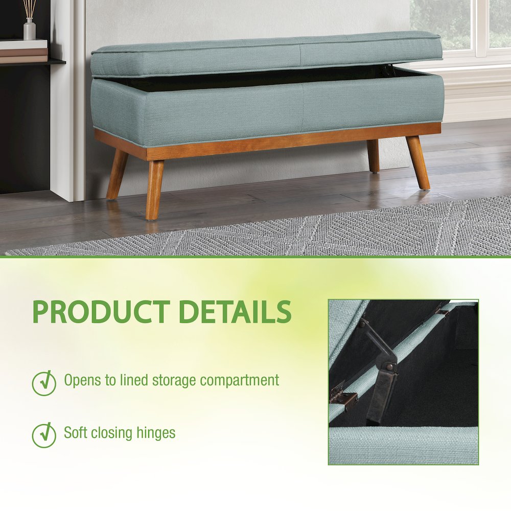 Katheryn Storage Bench in Sea Blue Fabric with Spice Finish Legs