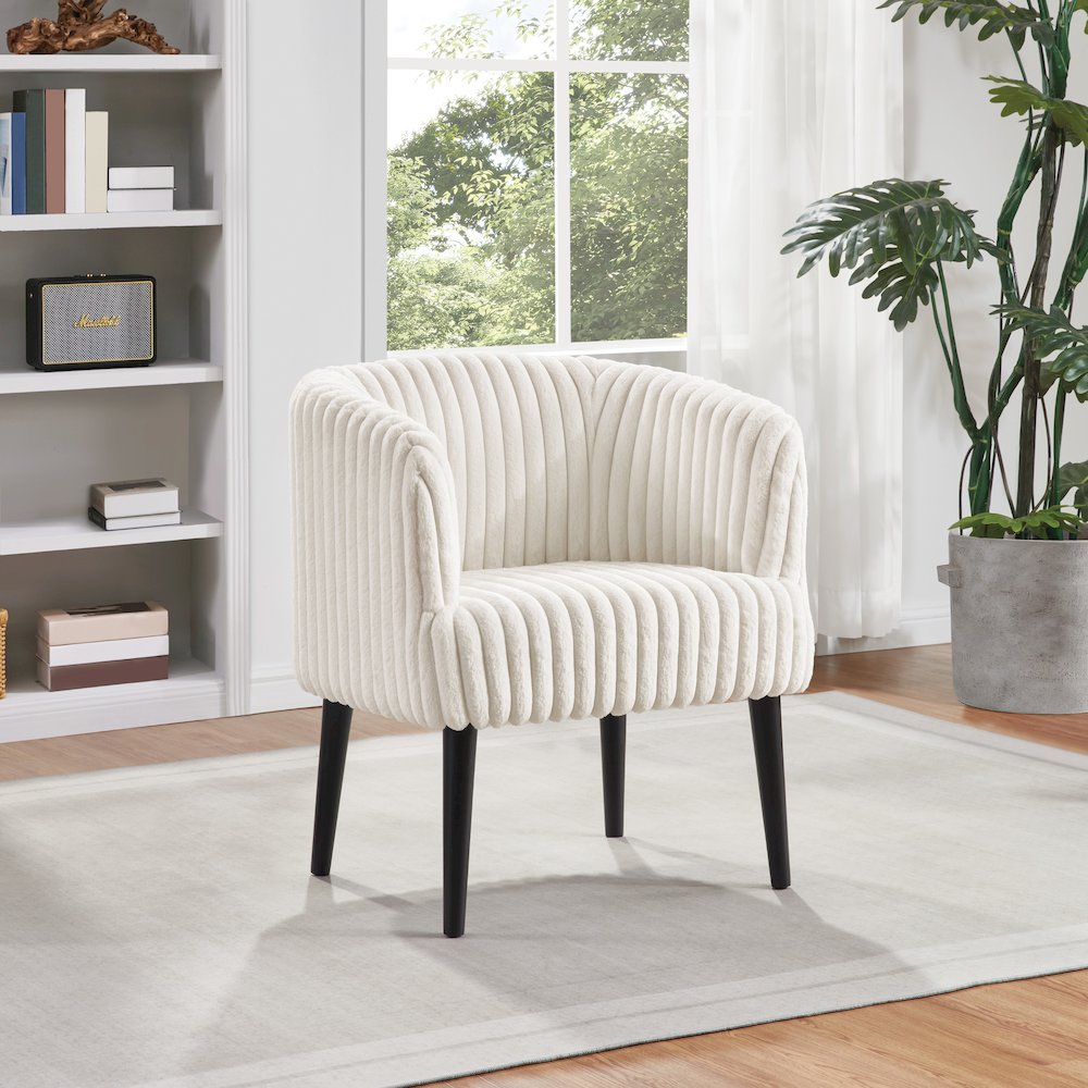 Rachel Accent Chair In White Cord Fur Fabric With Black Legs