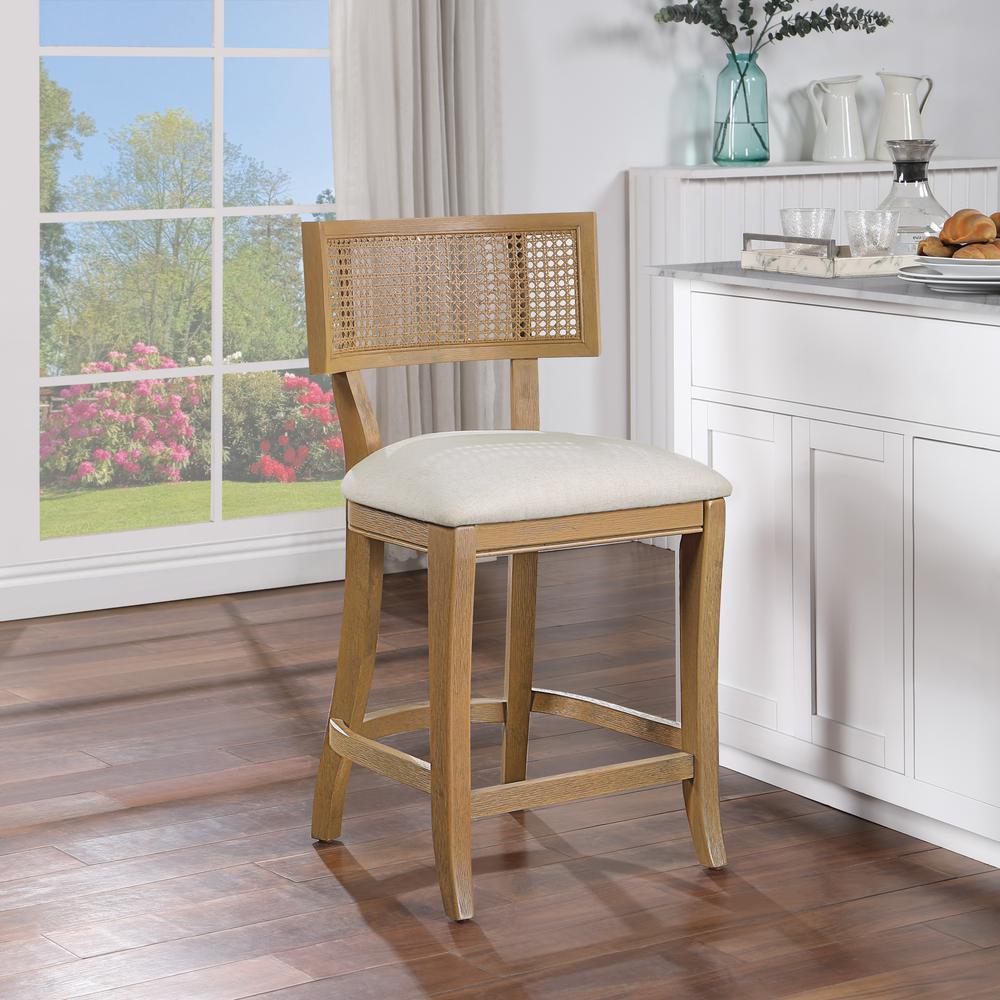 Alaina 26" Cane Back Counter Stool in Linen Fabric with Coastal Wash