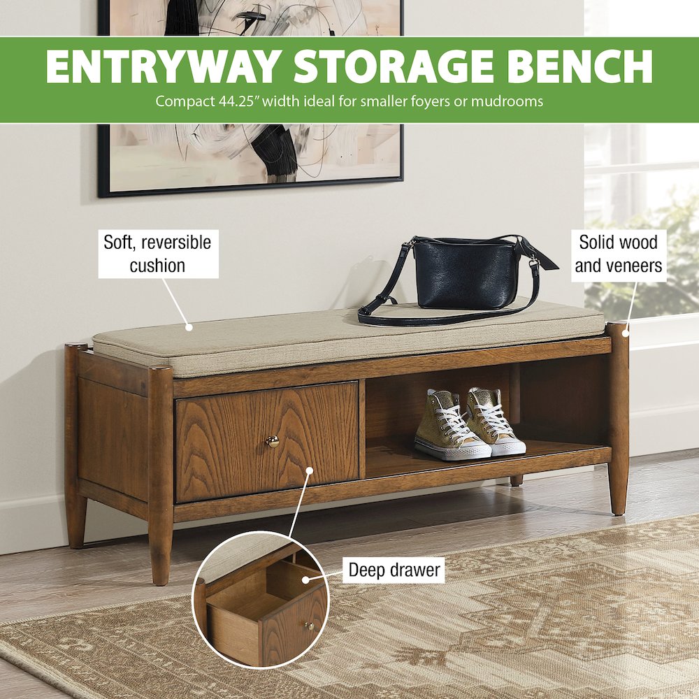 Marilyn Storage Bench with Walnut Wood finished and Brown Fabric Padded seat