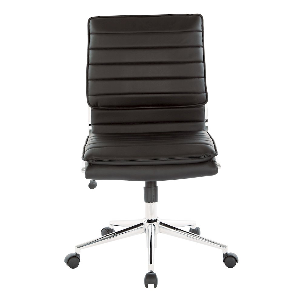 Armless Mid Back Manager's Faux Leather Chair in Black with Chrome Base.
