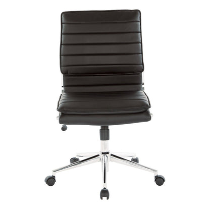 Armless Mid Back Manager's Faux Leather Chair in Black with Chrome Base.
