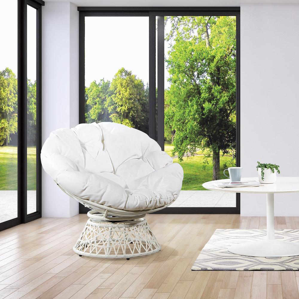 Papasan Chair with White Round Pillow Cushion and White Wicker Weave, BF25296WH-11