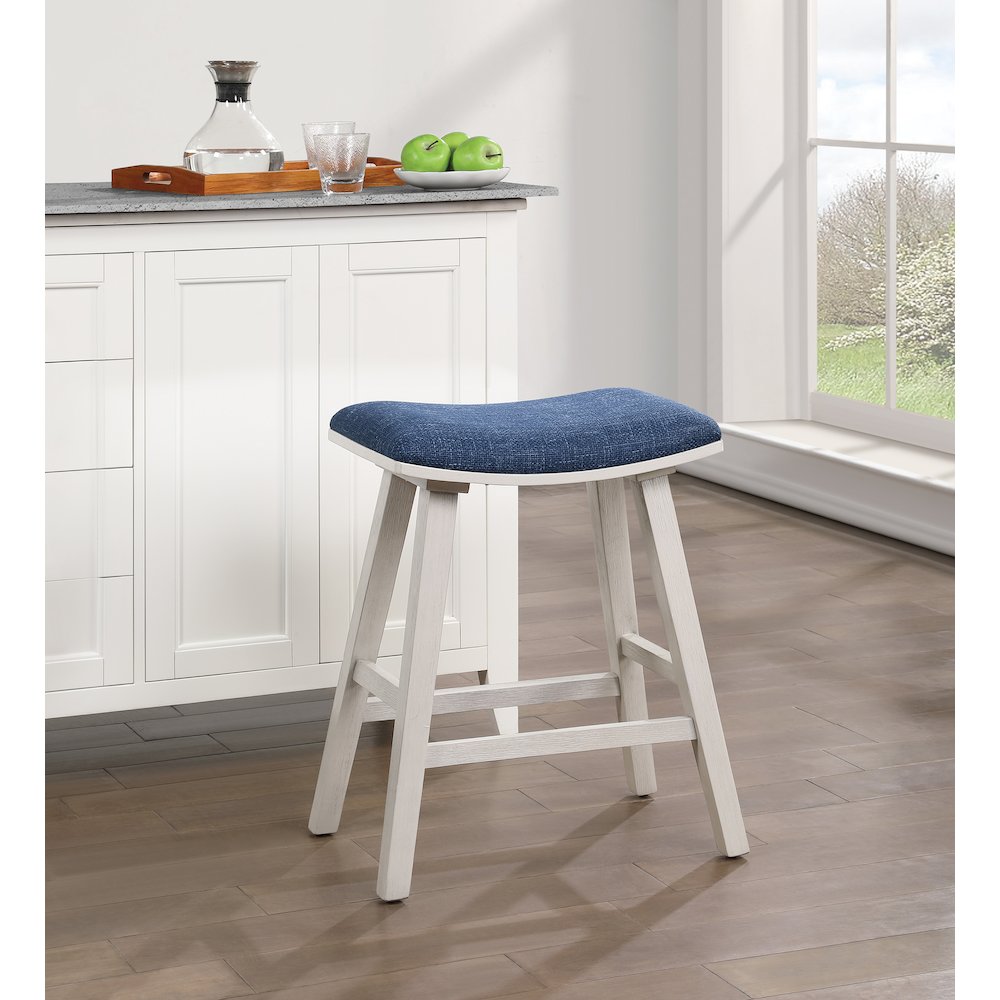 Coley 24" Saddle Stool 2-Pack with Navy Fabric Seat and White Wash Frame