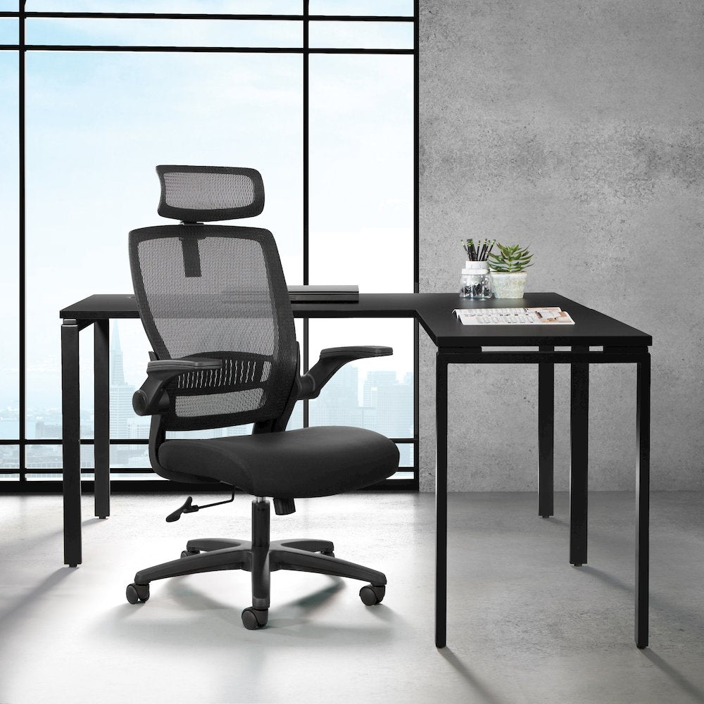 Managers Chair With Mesh Back In Black Fabric Seat Molded Foam