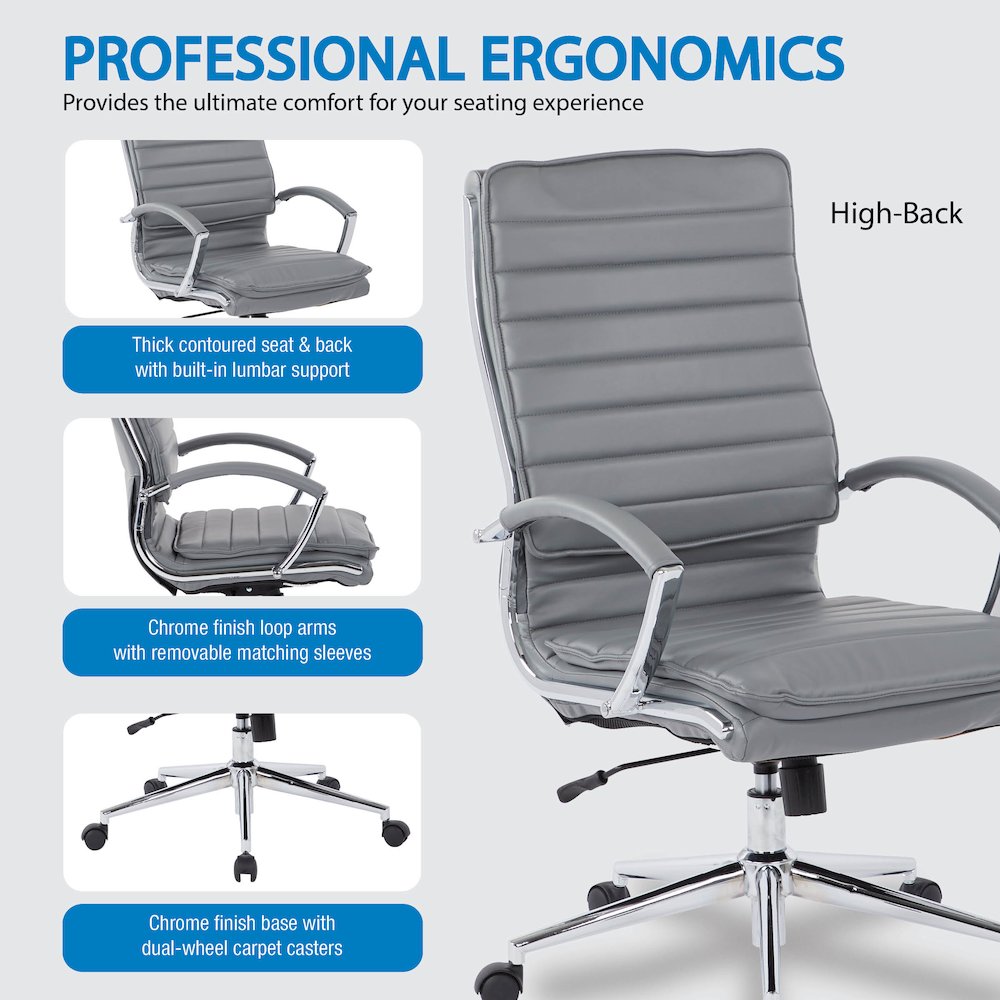High Back Manager's Faux Leather Chair with Chrome Base, Removable Arm Sleeves